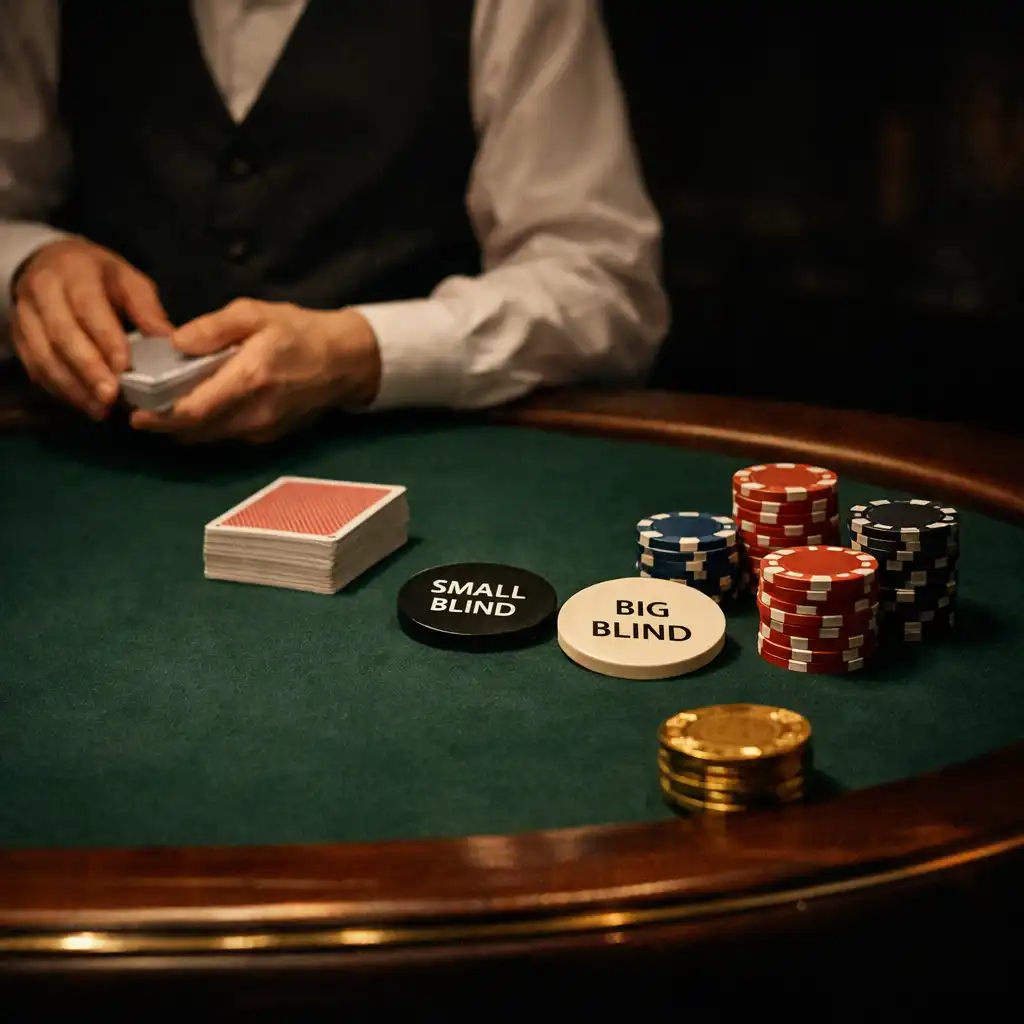 Dłonie dealera układające karty i poker chips na zielonym filcu