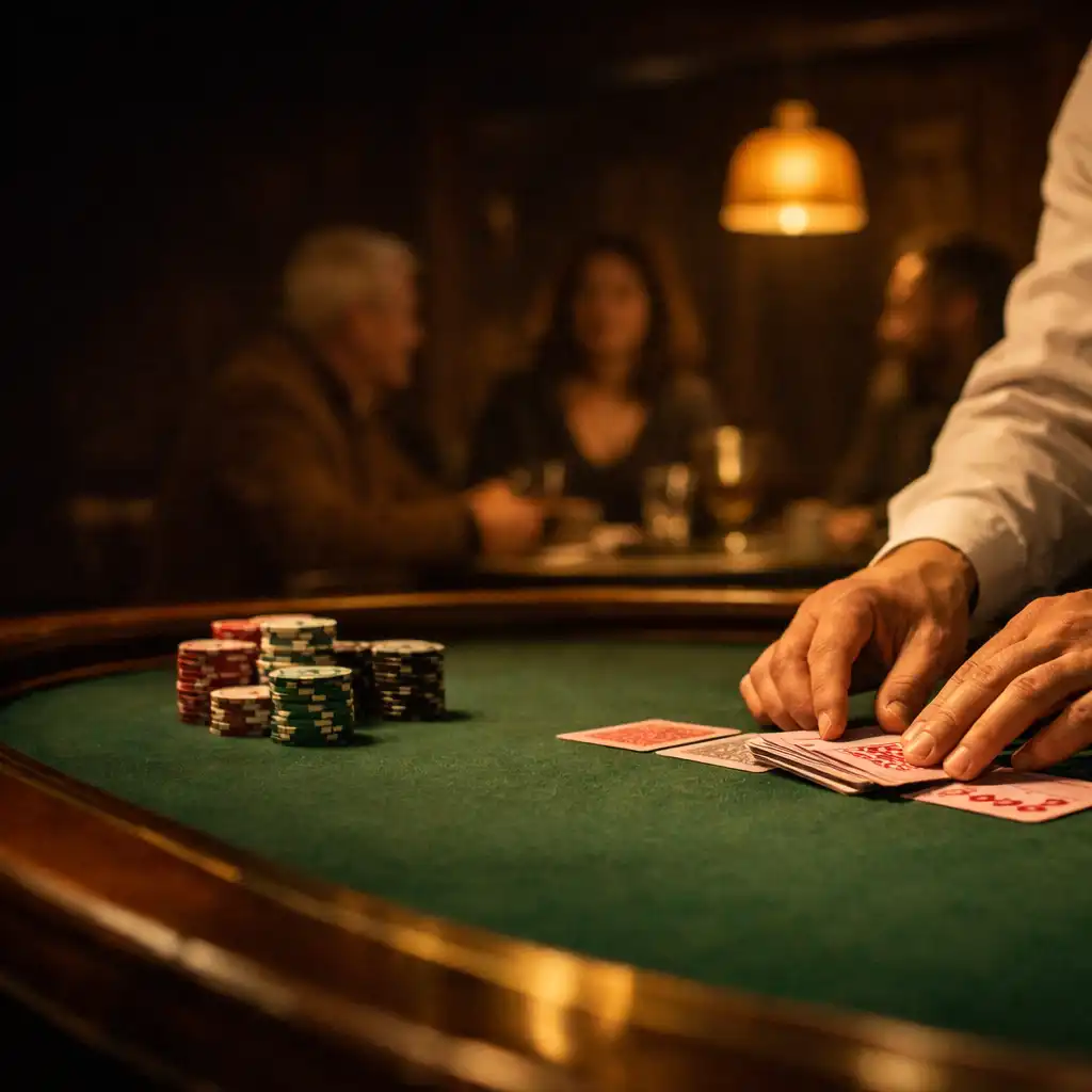 Dłonie dealera układające karty na zielonym stole pokerowym w kameralnym salonie