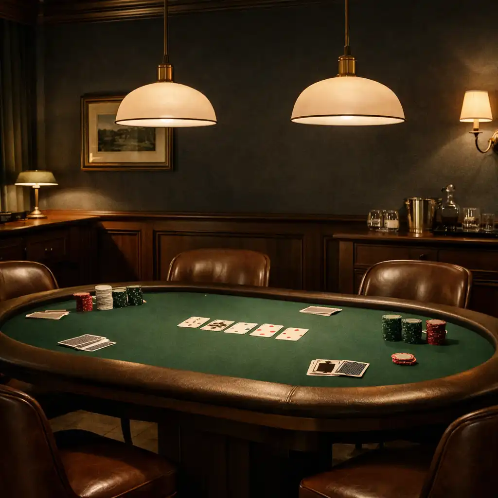 Przygotowany zielony stół pokerowy w kameralnym wnętrzu card room