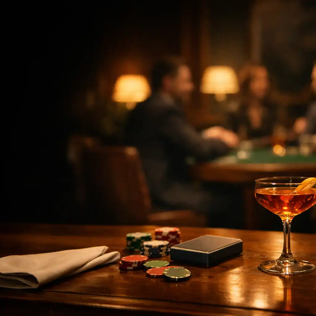 Koktajl na drewnianym stole obok dyskretnych żetonów i kart, w tle kameralny pokerowy lounge