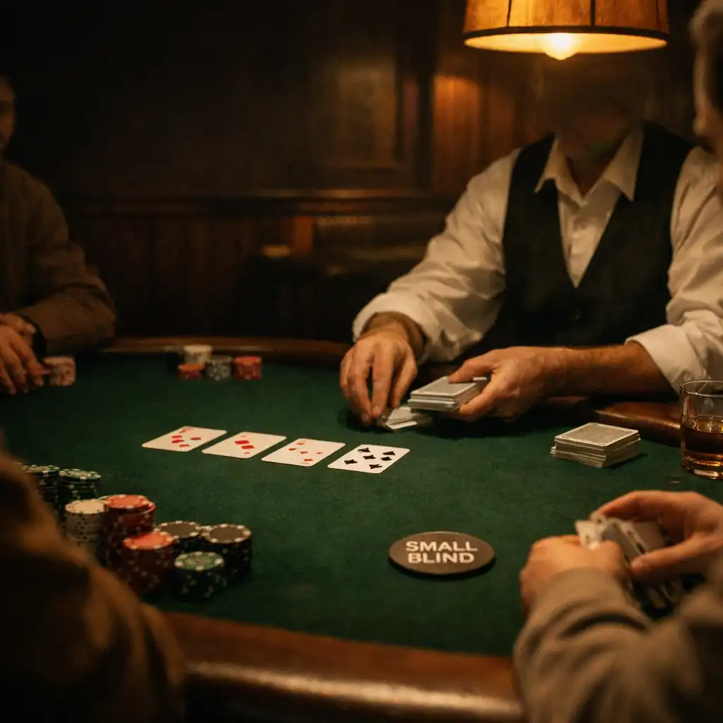 Dłonie dealera przygotowujące rozdanie przy zielonym stole pokerowym