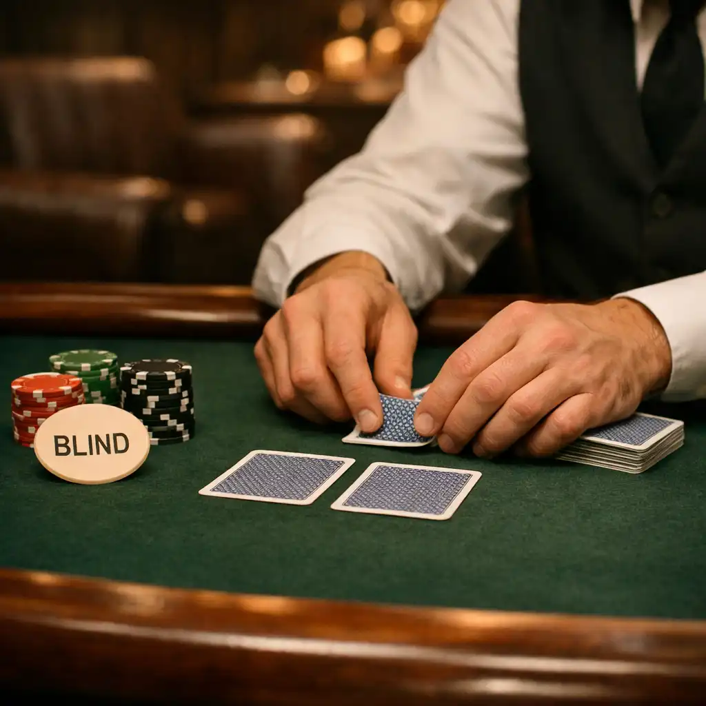 Dłonie dealera przygotowujące rozdanie na zielonym filcu z kartami, blind markerem i poker chips