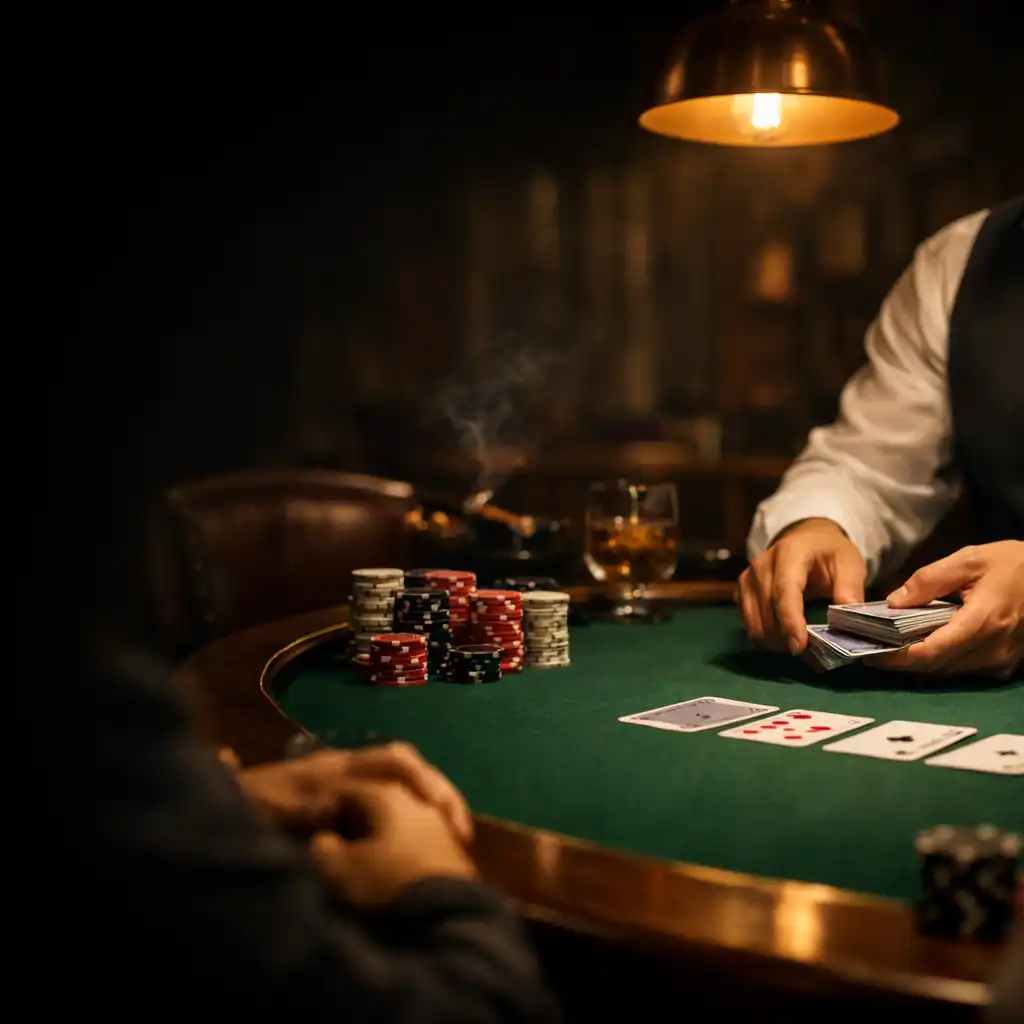 Dłonie dealera przygotowujące karty przy zielonym stole pokerowym w kameralnym salonie