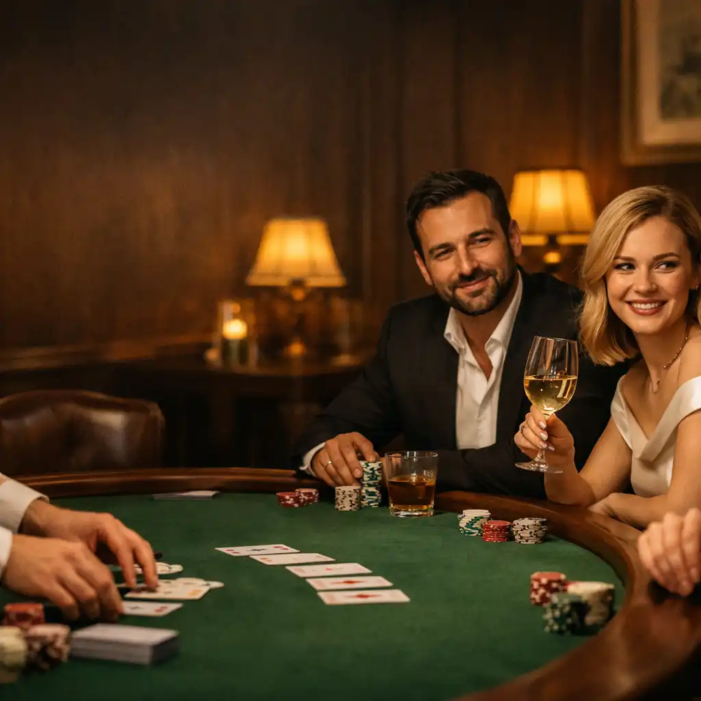 Wieczorny stół pokerowy z zielonym filcem, kartami i gośćmi Salon Przyjaciol
