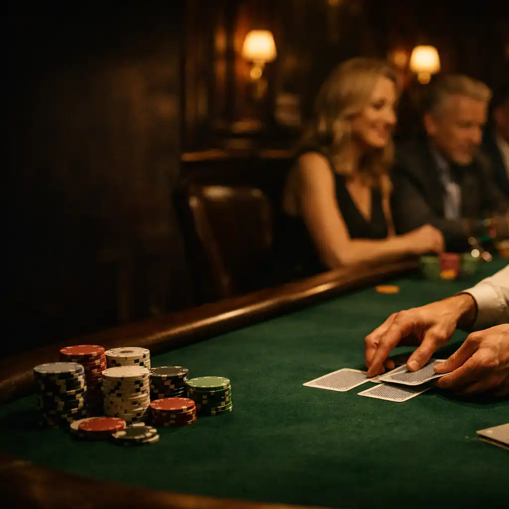 Dłonie dealera przy zielonym filcu podczas kameralnego turnieju pokerowego